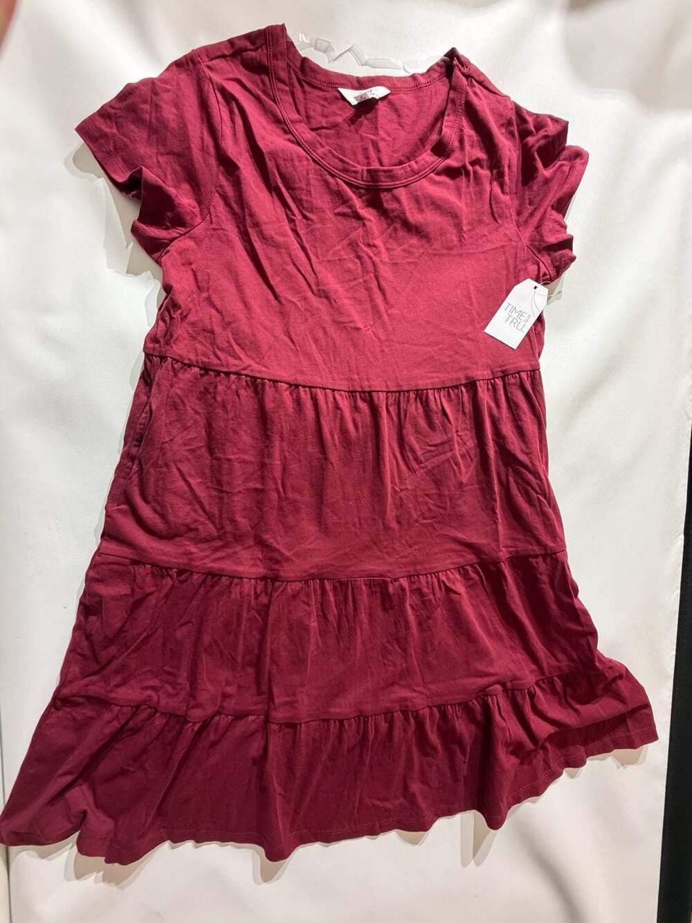 Time and Tru Maroon Tiered Short Sleeve Dress Womens Small